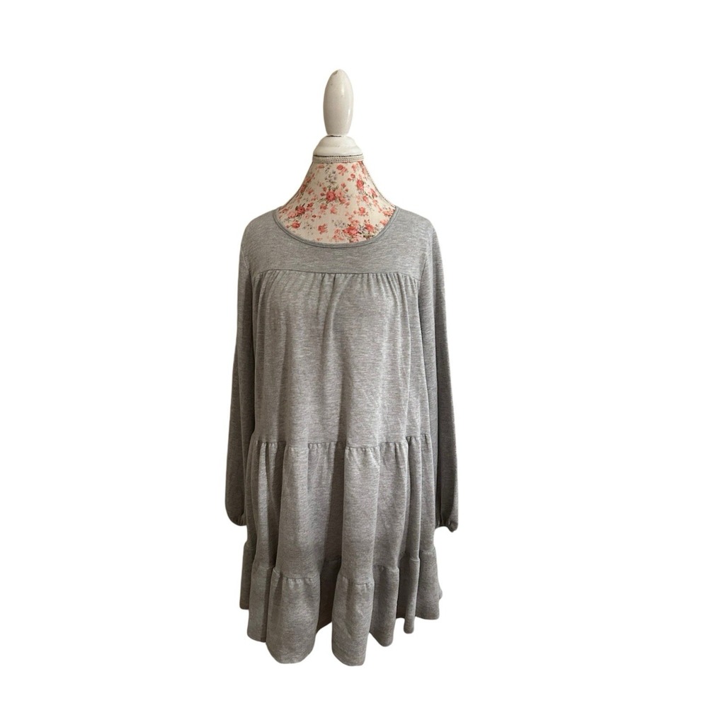 Peach Love Tiered Gray Flowy Dress Soft NWT $44 Fall Winter Fashion